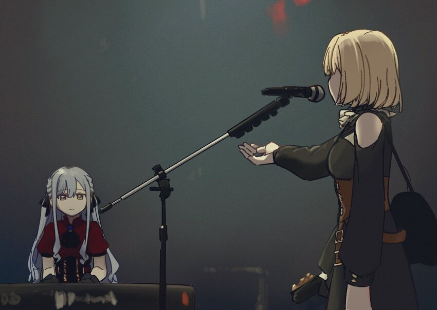 2girls ascot bang_dream! bang_dream!_it&#039;s_mygo!!!!! black_ascot black_corset black_ribbon blonde_hair blue_hair clothing_cutout commentary_request corset doloris_(bang_dream!) electric_guitar guitar hair_ribbon highres instrument long_hair microphone microphone_stand misumi_uika multiple_girls oblivionis_(bang_dream!) red_shirt ribbon shirt short_hair shoulder_cutout sidelocks tenrouza_ray togawa_sakiko yellow_eyes