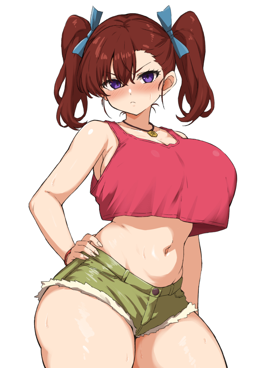 1girl alternate_breast_size arm_at_side armpit_crease asymmetrical_bangs bakusou_kyoudai_let&#039;s_&amp;_go!! bare_arms bare_shoulders blue_bow blush bow bracelet breasts brown_hair closed_mouth commentary crop_top crop_top_overhang curvy cutoffs denim denim_shorts green_shorts hair_bow hand_on_own_hip hexagram highres jewelry large_breasts looking_at_viewer medium_hair navel necklace oogami_marina purple_eyes red_tank_top shiny_skin short_shorts shorts sideboob sidelocks simple_background solo star_of_david stomach tank_top thick_thighs thighs twintails upper_body white_background wide_hips yamaori