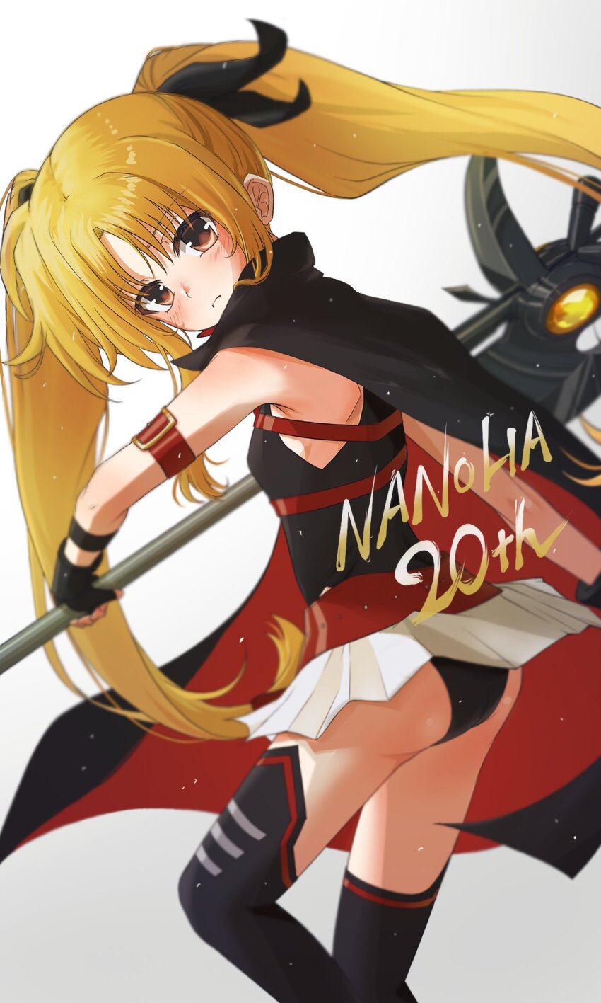 1girl akatsuki_(akatsukinotsuki) ass bare_shoulders black_gloves black_panties blonde_hair blush breasts commentary_request fingerless_gloves from_side gloves highres holding holding_weapon long_hair looking_at_viewer lyrical_nanoha miniskirt panties pantyshot pleated_skirt red_eyes simple_background skirt small_breasts solo takamachi_nanoha thighhighs twintails underwear very_long_hair weapon white_background