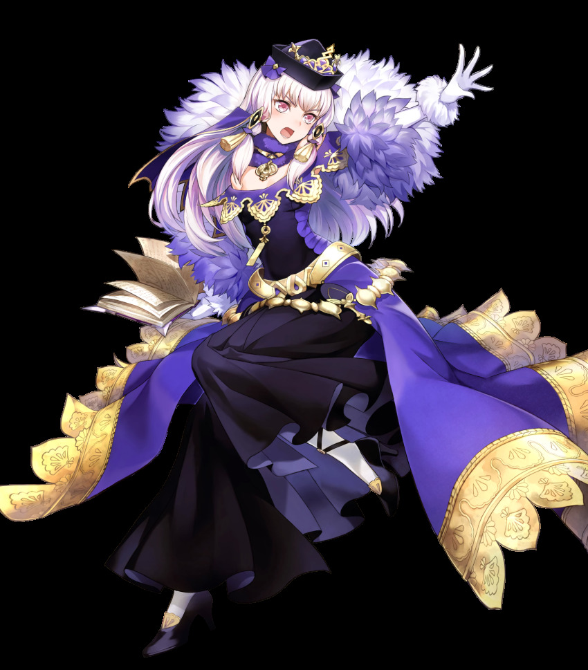 1girl amagai_tarou black_hat book closed_mouth dress elbow_gloves fire_emblem fire_emblem:_three_houses fire_emblem_heroes full_body fur_collar fur_trim gloves hair_ornament hat high_heels highres holding holding_book leg_up long_dress long_hair long_skirt looking_away lysithea_von_ordelia nintendo official_art open_book purple_eyes purple_footwear silver_hair skirt solo strapless strapless_dress transparent_background white_gloves white_legwear