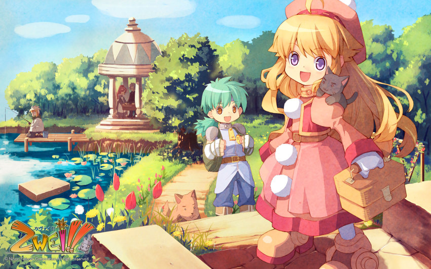 1boy 1girl animal animal_on_shoulder backpack bag basket boots brown_eyes cat cat_on_shoulder copyright_name dress falcom gloves green_hair hat highres long_hair official_art official_wallpaper orange_hair pants pink_dress pipiro pipiro_(zwei!!) pockle pockle_(zwei!!) pom_pom_(clothes) ponytail purple_eyes randoseru shoes smile zwei!!