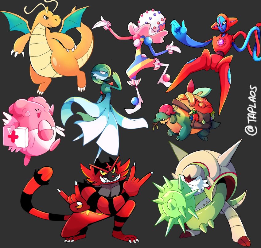 appletun artist_name blacephalon black_background black_eyes blissey blue_skin chesnaught claws colored_skin creatures_(company) deoxys deoxys_(normal) dragon dragonite dress fangs first_aid_kit game_freak gardevoir gen_1_pokemon gen_2_pokemon gen_3_pokemon gen_6_pokemon gen_7_pokemon gen_8_pokemon green_skin highres incineroar multicolored_skin mythical_pokemon nintendo no_feet orange_skin pink_skin pokemon pokemon_(creature) red_fur red_skin shield simple_background taplaos two-tone_skin ultra_beast white_dress white_skin wings