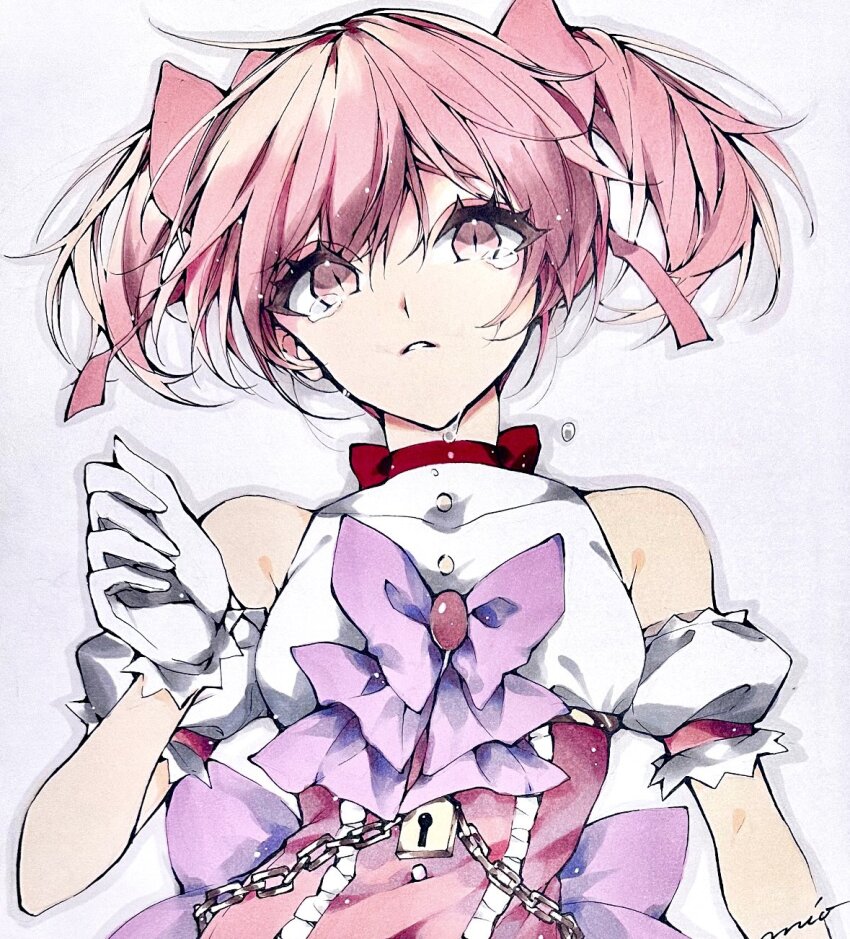 1girl bare_shoulders bow bow_choker chain choker commentary crying dress frown gloves hair_bow highres kaname_madoka kaname_madoka_(magical_girl) lock mahou_shoujo_madoka_magica mahou_shoujo_madoka_magica:_walpurgis_no_kaiten marker_(medium) misteor multiple_hair_bows parted_lips pink_bow pink_dress pink_eyes pink_hair red_choker short_twintails signature simple_background sleeveless sleeveless_dress solo tears traditional_media twintails upper_body white_background white_dress white_gloves