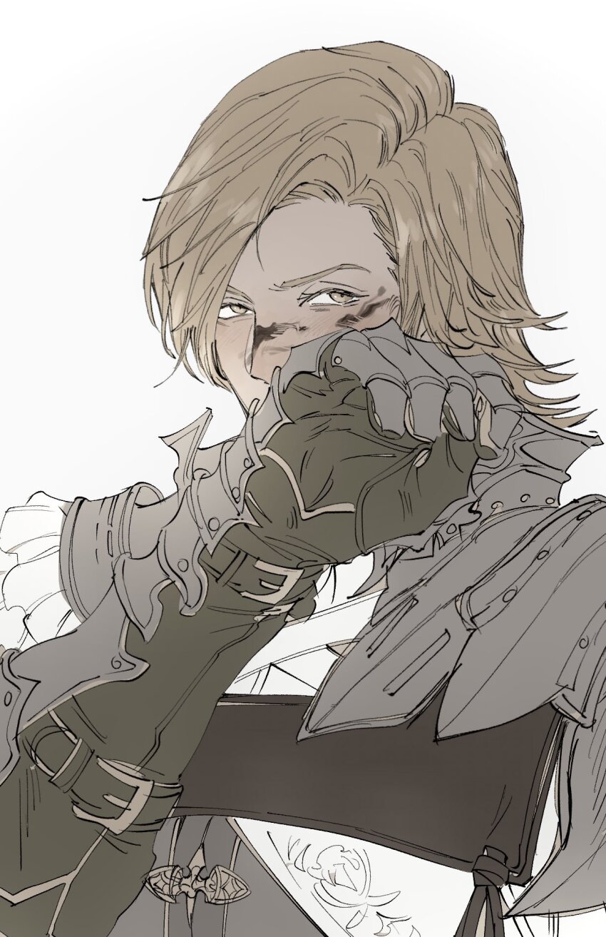 1boy arm_belt arm_up armor armored_gloves belt black_belt black_gloves blonde_hair blood blood_on_face commentary_request covered_mouth covering_own_mouth dion_lesage final_fantasy final_fantasy_xvi frilled_shirt frills gloves gsg7pk highres looking_to_the_side male_focus pauldrons shirt shoulder_armor sideways_glance simple_background single_pauldron solo upper_body white_background white_shirt yellow_eyes