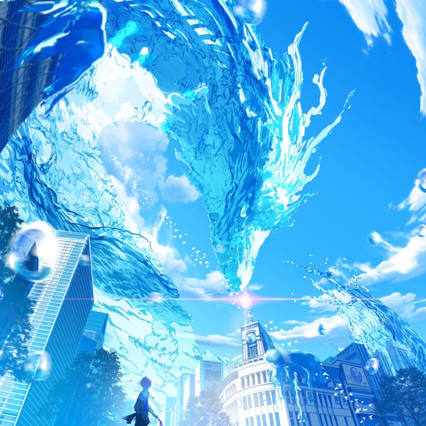 1boy 1girl bird blue_ribbon blue_theme blurry blurry_foreground building chinese_zodiac cityscape cloud commentary_request dragon dress flying from_below glowing hands_in_pockets hat headphones highres jewelry makoron117117 necklace original outdoors ribbon scenery shirt sky tree water water_drop western_dragon white_dress white_shirt year_of_the_dragon