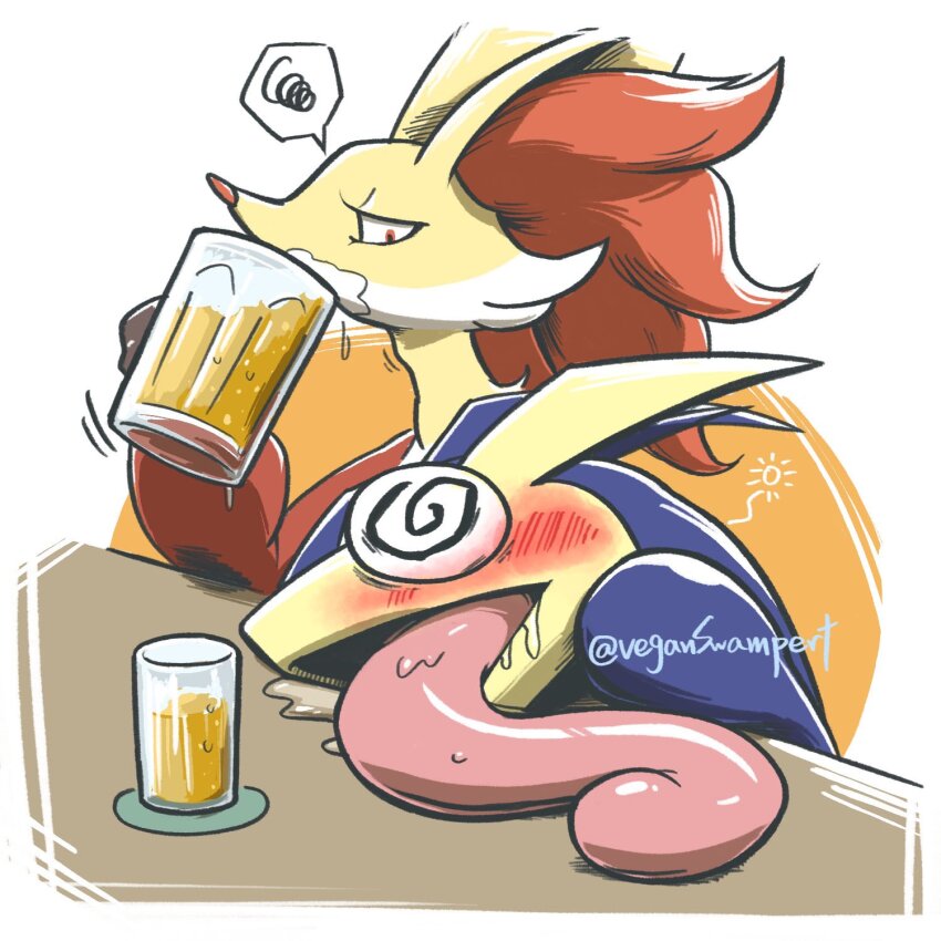 2others alcohol blush commentary_request creatures_(company) cup delphox drinking drunk furry game_freak gen_6_pokemon greninja highres holding multiple_others nintendo open_mouth orange_eyes other_focus pokemon pokemon_(creature) saliva tongue tongue_out twitter_username veganswampert