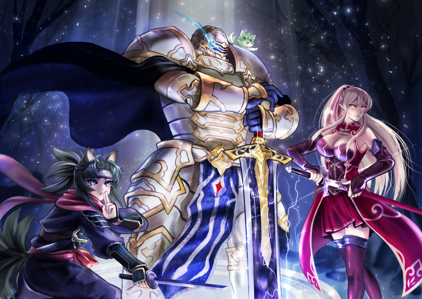 1boy 2girls 3ko4ba absurdres animal_ears arc_lalatoya ariane_glenys_maple armor blue_eyes breasts cape chiyome_(gaikotsu_kishi-sama) cleavage cleavage_cutout clothing_cutout detached_sleeves dress elf full_armor gaikotsu_kishi-sama_tadaima_isekai_e_odekake-chuu green_hair highres large_breasts magic_circle multiple_girls ninja pink_hair pointy_ears ponta_(gaikotsu_kishi-sama) ponytail red_dress scarf sword tail weapon yellow_eyes