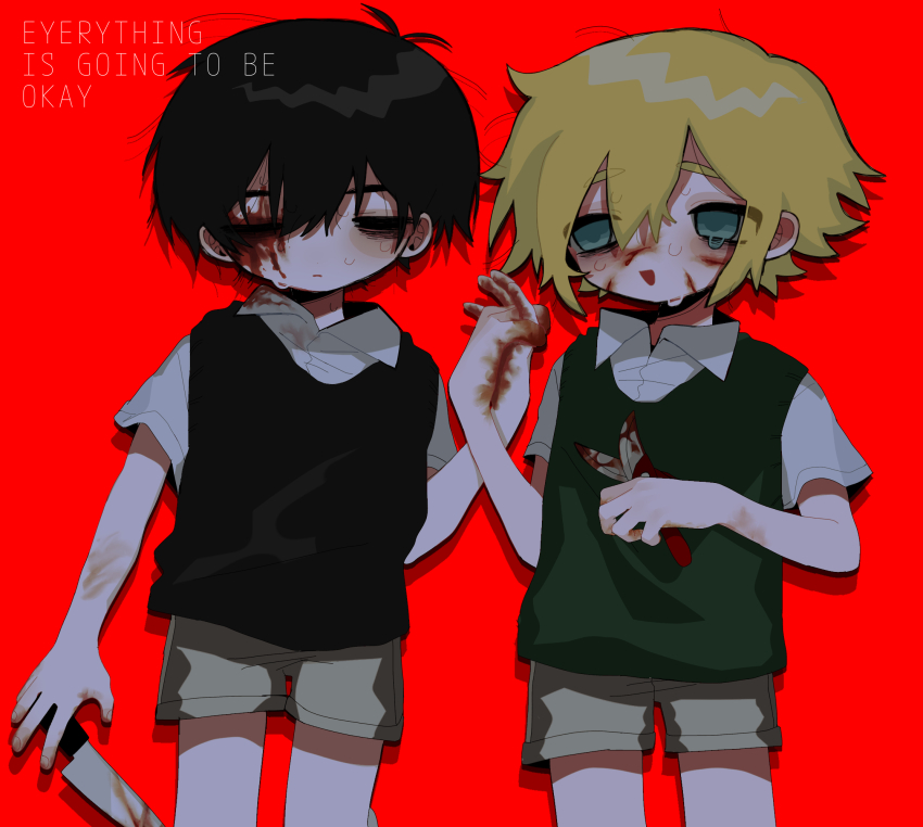 2boys basil_(faraway)_(omori) basil_(omori) black_hair black_sweater_vest blonde_hair blood blood_on_face blood_on_hands bloody_knife blue_eyes brown_shorts closed_eyes closed_mouth collared_shirt english_text gardening_shears green_sweater_vest highres holding holding_hands holding_knife knife kobanzame_omo looking_at_viewer male_focus multiple_boys omori red_background shirt short_sleeves shorts simple_background spoilers sunny_(omori) sweat sweater_vest white_shirt