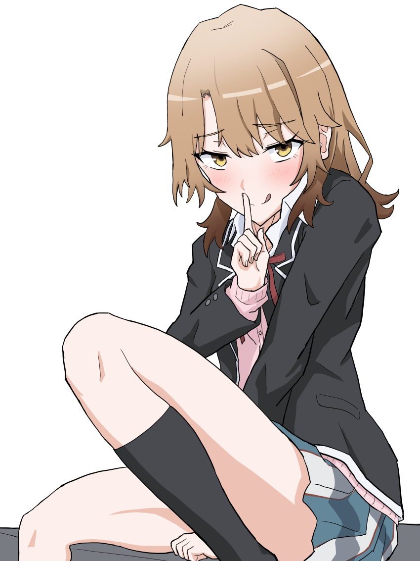 1girl :p absurdres black_jacket black_socks blazer blue_skirt blush brown_hair cardigan closed_mouth commentary_request dress_shirt eyelashes finger_to_mouth fingernails hair_between_eyes hand_on_floor hand_up highres index_finger_raised isshiki_iroha jacket knee_up kneehighs long_bangs long_sleeves looking_at_viewer mecha_kaku_man medium_hair miniskirt neck_ribbon open_clothes open_jacket partial_commentary pink_cardigan pleated_skirt red_ribbon ribbon school_uniform shirt shushing simple_background sitting skirt sobu_high_school_uniform socks solo thighs tongue tongue_out white_background white_shirt white_skirt yahari_ore_no_seishun_lovecome_wa_machigatteiru. yellow_eyes