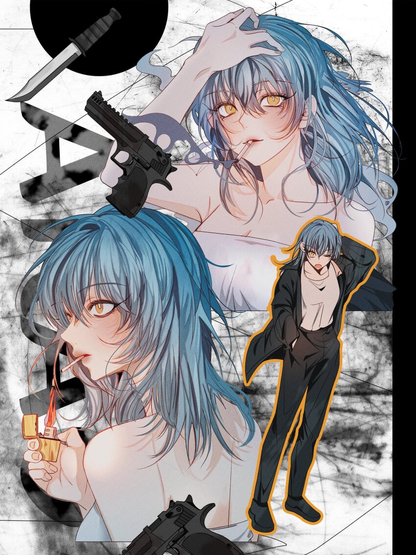 1girl akao_rion black_jacket black_pants blue_hair cigarette gun hand_on_own_head highres holding holding_lighter jacket knife lighter looking_at_viewer multiple_views one_eye_closed pants sakamoto_days smoking solo sum_i tank_top weapon white_tank_top yellow_eyes