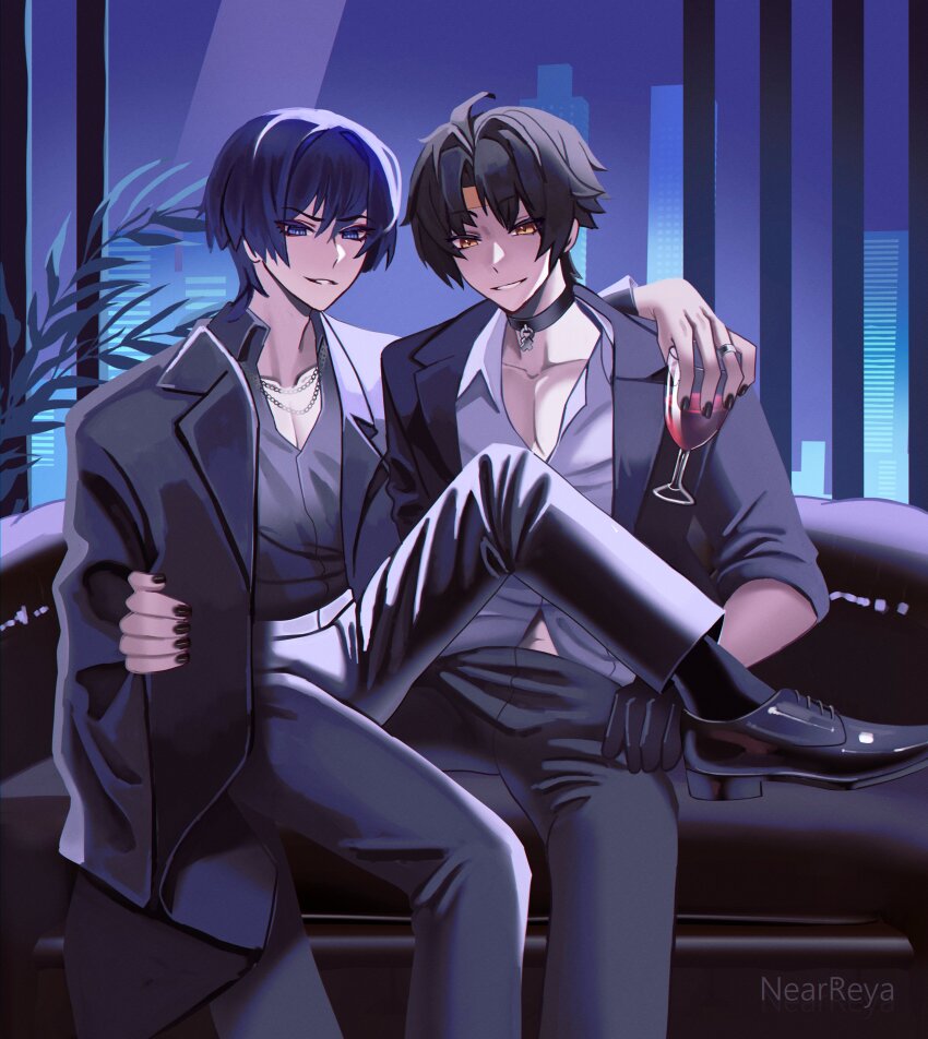 2boys absurdres alternate_costume artist_name asaba_harumasa black_footwear black_gloves black_hair black_jacket black_nails black_pants black_suit blue_eyes blue_hair by_nearreya company_connection crossover fingernails formal genshin_impact gloves highres indoors jacket looking_at_viewer male_focus mihoyo multiple_boys pants parted_lips scaramouche_(genshin_impact) short_hair sitting smile suit wanderer_(genshin_impact) window yellow_eyes zenless_zone_zero