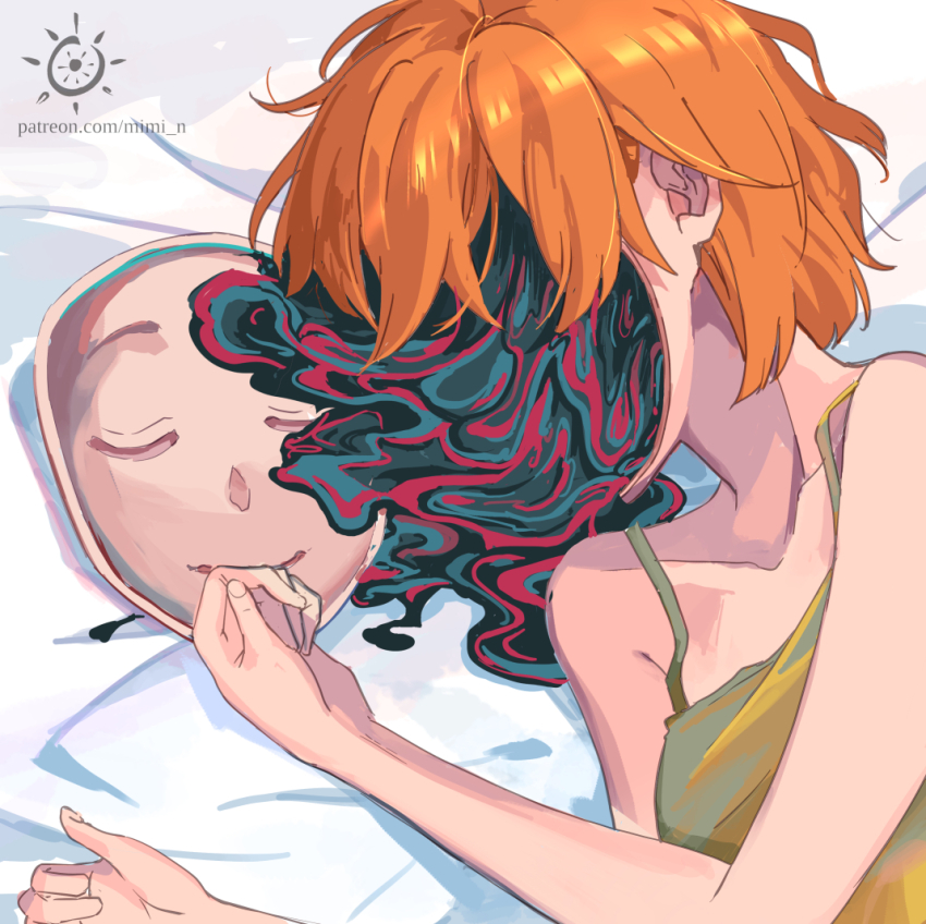 1girl black_liquid closed_eyes closed_mouth false_smile green_tank_top hair_between_eyes mask mimi_n orange_hair original short_hair sleeping sleepwear smile solo tank_top unworn_mask what