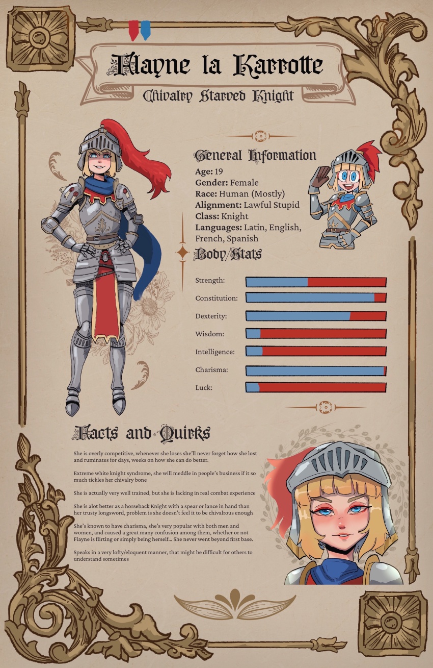 1girl absurdres armor basedbinkie blonde_hair blue_eyes character_sheet dungeons_&amp;_dragons english_text flayne_(basedbinkie) helmet highres knight medium_hair mole mole_under_mouth original pelvic_curtain plate_armor plume scarf solo