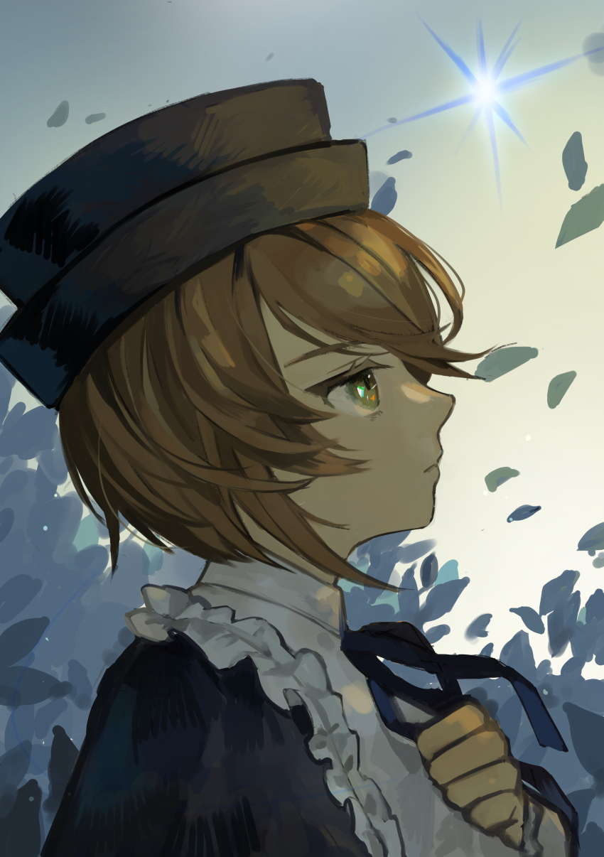 1girl absurdres blue_hat blue_ribbon brown_hair closed_mouth from_side frown green_eyes hand_on_own_chest hat highres kugaumelo looking_up neck_ribbon portrait ribbon rozen_maiden short_hair solo souseiseki upper_body