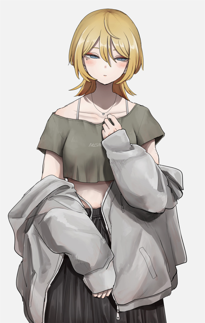 1girl aki_(tabao) baggy_pants blonde_hair blue_eyes blush bra_strap commentary_request crop_top expressionless half-closed_eyes highres hood hoodie jewelry long_hair long_sleeves looking_to_the_side midriff mole mole_under_eye necklace off_shoulder original pants partial_commentary short_sleeves solo tabao