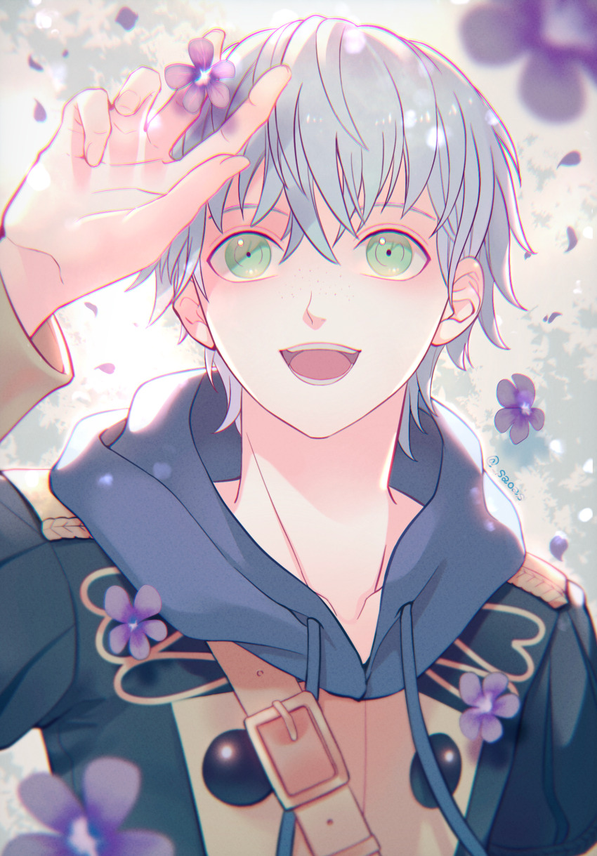 1boy ashe_ubert commentary_request fingernails fire_emblem fire_emblem:_three_houses flower freckles garreg_mach_monastery_uniform green_eyes grey_hair hair_between_eyes highres hood hood_down looking_at_viewer male_focus nintendo oas petals purple_flower short_hair smile solo twitter_username