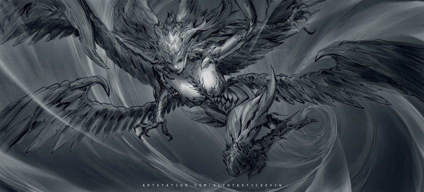 1girl artist_name blue_theme breasts closed_mouth feathered_wings feathers final_fantasy final_fantasy_xiv garuda_(final_fantasy) greyscale hatching_(texture) head_wings high_heels highres kevin_glint monochrome multiple_wings sketch smile solo talons wind wings