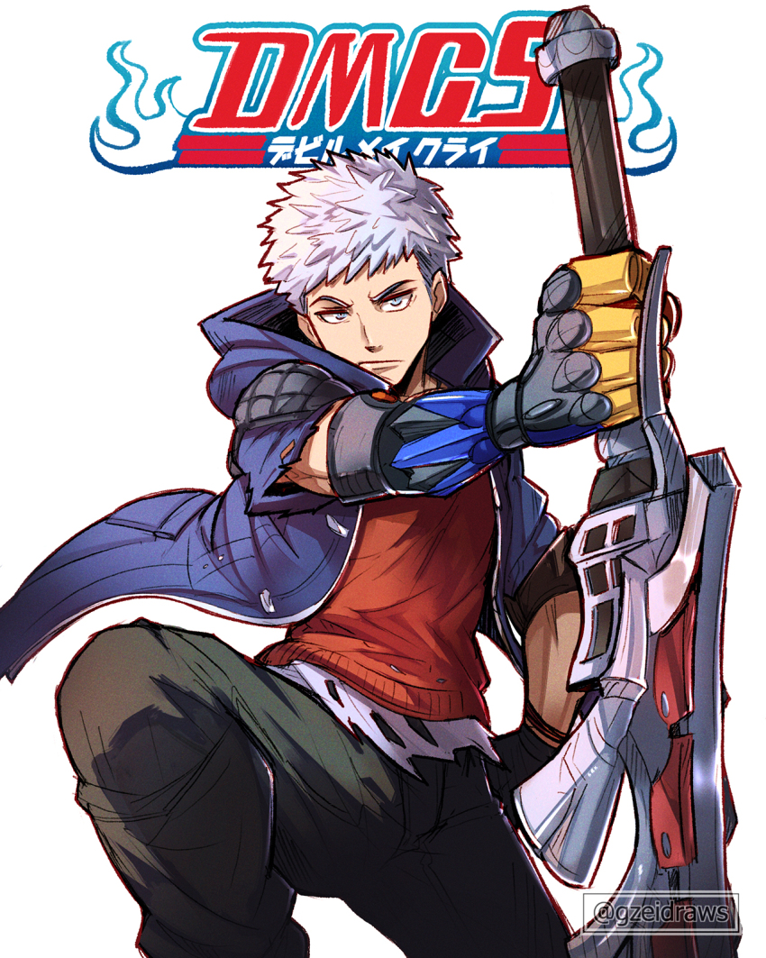 black_pants bleach blue_jacket copyright_name cover cowboy_shot devil_may_cry_(series) devil_may_cry_5 gzei highres holding holding_sword holding_weapon hood hooded_jacket jacket mechanical_arms pants short_hair simple_background single_mechanical_arm sword vergil_(devil_may_cry) weapon white_background white_hair