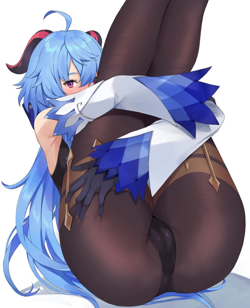 1girl ass ass_focus blue_hair brown_pantyhose cameltoe ganyu_(genshin_impact) genshin_impact goat_horns gold_trim highres horns jewelry kamu_(kamuuei) legs legs_together legs_up pantyhose red_eyes sitting solo thighlet thighs