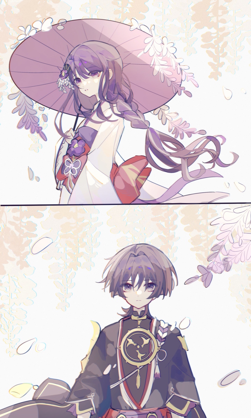 1boy 1girl absurdres aunt_and_nephew blunt_bangs braid buzhi_qiangu closed_mouth falling_petals flower from_side genshin_impact hair_between_eyes hair_flowing_over hair_ornament highres holding holding_umbrella japanese_clothes long_hair looking_at_viewer looking_to_the_side makoto_(genshin_impact) oil-paper_umbrella outdoors parted_lips petals purple_eyes purple_hair scaramouche_(genshin_impact) single_braid standing umbrella walking white_background wisteria