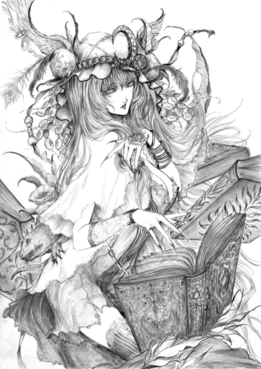 1girl absurdres book bracelet crescent daburoku feathers female_focus fingernails greyscale hat hexagram highres jewelry lizard long_fingernails long_hair lots_of_jewelry monochrome patchouli_knowledge ring solo tattoo touhou traditional_media