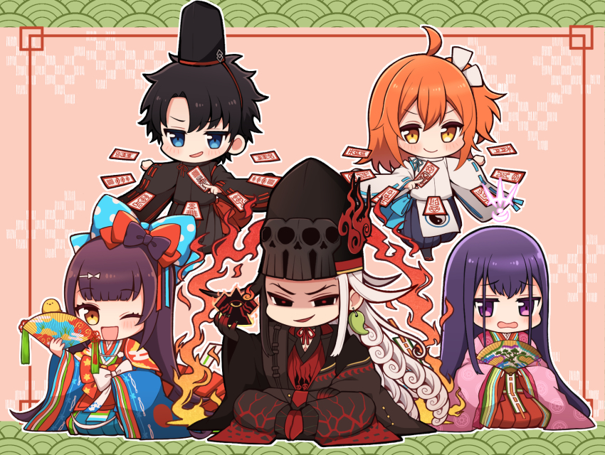 2boys 3girls ahoge ashiya_douman_(fate) ashiya_douman_(third_ascension)_(fate) black_eyes black_hair black_hat black_kimono black_skin blue_bow blue_eyes blue_kimono blush bow chaldea_logo chibi closed_mouth colored_skin curly_hair earrings evil_smile fanged_bangs fate/grand_order fate_(series) fire folding_fan fujimaru_ritsuka_(female) fujimaru_ritsuka_(male) hair_between_eyes hair_bow hair_ribbon hand_fan hand_on_own_thigh hand_up hat highres holding holding_fan holding_ofuda indian_style japanese_clothes jewelry kimono layered_clothes layered_kimono letterboxed long_hair long_sleeves magatama magatama_earrings medium_hair moyashi_(momoyashi_321) multicolored_clothes multicolored_hair multicolored_kimono multiple_boys multiple_girls multiple_hair_bows murasaki_shikibu_(third_ascension)_(fate) one_eye_closed onmyouji open_mouth orange_hair outline parted_bangs pink_background pink_kimono polka_dot polka_dot_bow purple_bow purple_hair red_bow red_footwear red_kimono red_pupils ribbon ribbon-trimmed_sleeves ribbon_trim sei_shounagon_(third_ascension)_(fate) seiza side_ponytail sitting smile standing standing_on_one_leg streaked_hair tassel tate_eboshi very_long_hair white_bow white_hair white_kimono white_outline wide_sleeves yellow_bird yellow_eyes