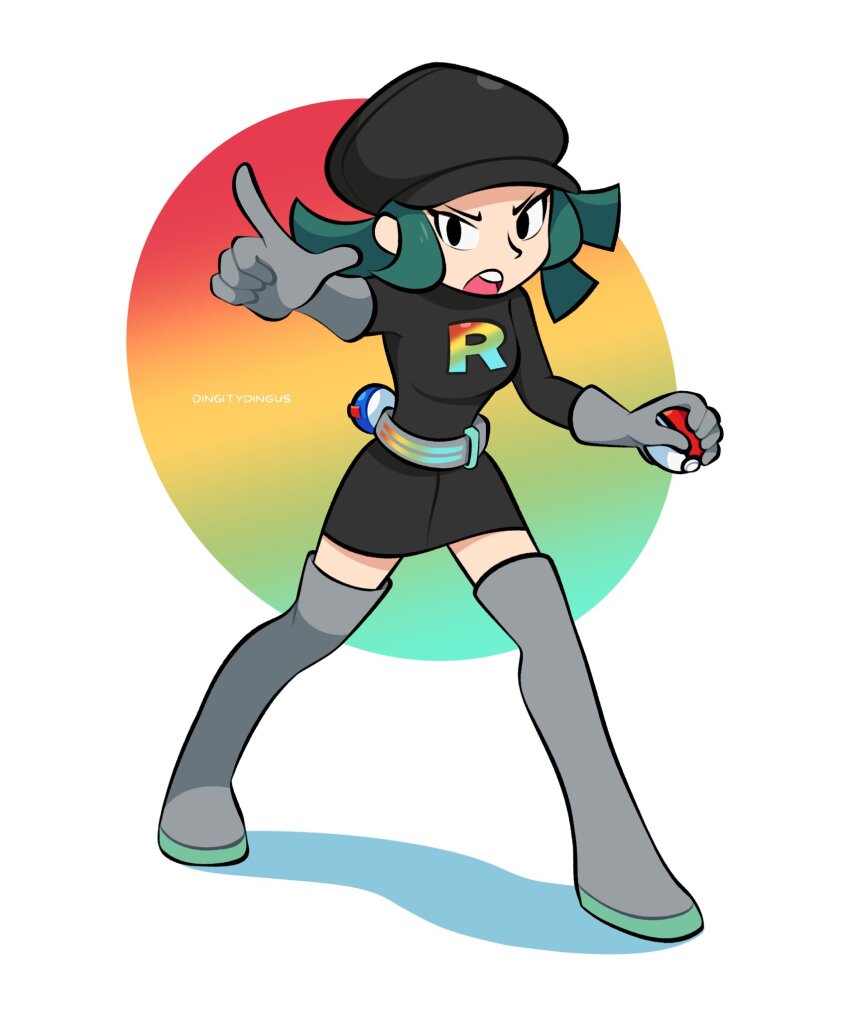 1girl belt black_hat black_shirt black_skirt boots creatures_(company) full_body game_freak gloves great_ball green_hair grey_footwear grey_gloves hat highres holding holding_poke_ball looking_at_viewer medium_hair miniskirt nintendo open_mouth pointing poke_ball poke_ball_(basic) pokemon pokemon_usum print_shirt shirt simple_background skirt solo team_rainbow_rocket_grunt teeth thigh_boots upper_teeth_only vinny_(dingitydingus) white_background