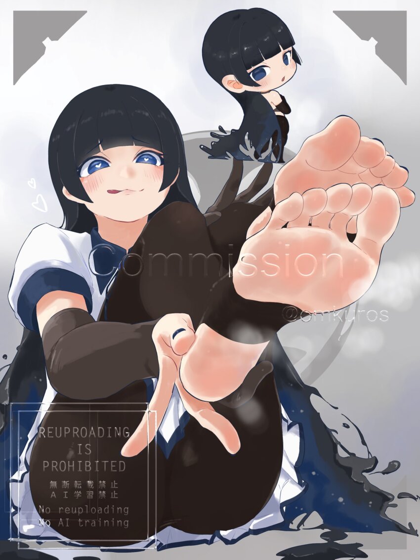 1girl :3 artist_name ass black_hair black_nails black_pantyhose blue_eyes blue_hair blunt_bangs chibi chibi_inset closed_mouth colored_inner_hair commission dress elbow_gloves eyelashes feet feet_up foot_focus full_body gloves grey_background hand_on_own_foot heart heart-shaped_pupils highres knees_up legs legs_together licking_lips long_hair mua_(aiharararara) multicolored_hair nail_polish no_shoes omkuros original pantyhose pleated_dress short_sleeves sidelocks sitting skeb_commission soles stirrup_legwear symbol-shaped_pupils toeless_legwear toenail_polish toenails toes tongue tongue_out twitter_username very_long_hair watermark white_dress