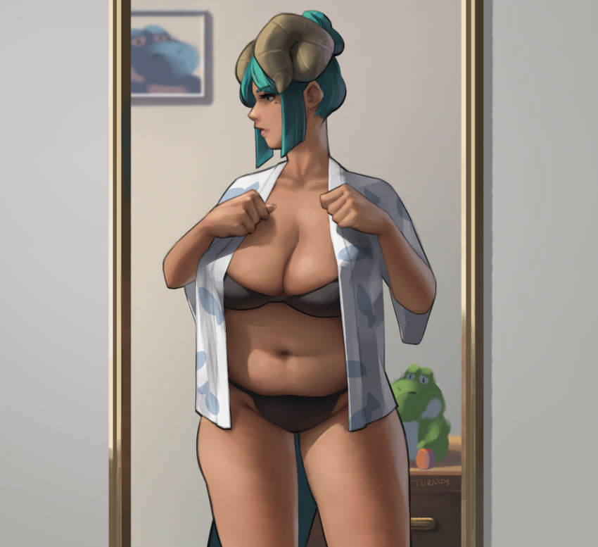 1girl absurdres aqua_hair belly big_belly black_panties bra breasts cameo cleavage clenched_hands commentary curled_horns dark-skinned_female dark_skin dressing english_commentary hair_bun highres horns japanese_clothes large_breasts lips looking_afar looking_to_the_side lysaris_(steamedturnips) mario_(series) meme mirror mole mole_under_eye navel nintendo nose original panties parted_lips plump short_hair single_hair_bun solo standing steamedturnips strapless strapless_bra underwear veins veiny_breasts yoshi