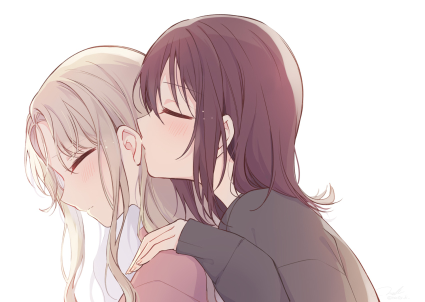 2girls black_shirt blush brown_hair closed_eyes closed_mouth commentary_request hand_on_another&#039;s_shoulder hazuki_natsu kissing_ear light_brown_hair long_hair long_sleeves medium_hair multiple_girls original pink_shirt shirt simple_background upper_body white_background yuri