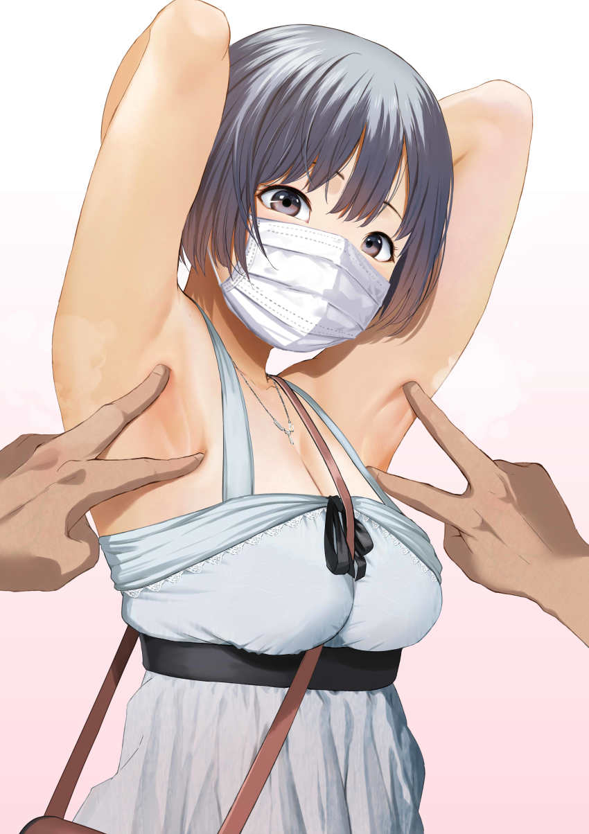 1girl absurdres armpit_focus armpits arms_up bag between_breasts blush breasts brown_eyes commentary_request dress gradient_background highres jewelry looking_at_viewer mask mole mole_under_eye mouth_mask necklace original presenting_armpit short_hair shoulder_bag silver_hair solo_focus spread_armpit strap_between_breasts surgical_mask upper_body urasuji_samurai white_dress