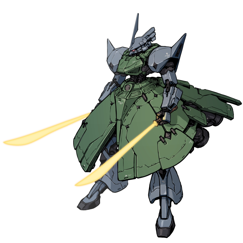 energy_sword dual_wielding gelgoog glowing glowing_eye gundam highres holding holding_sword holding_weapon horns mecha mobile_suit_gundam nagano_mamoru_(style) no_humans one-eyed parody pink_eyes robot science_fiction single_horn solo standing style_parody sword takekawa_shin weapon white_background zeon