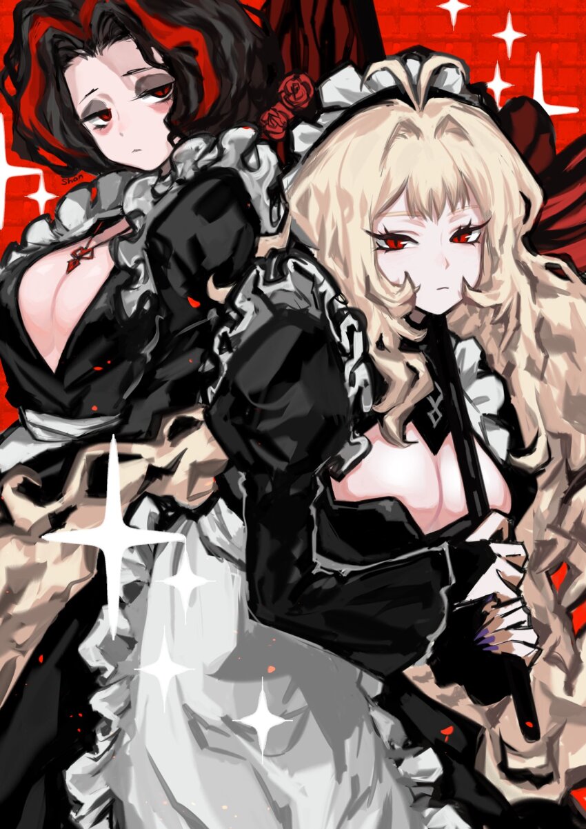 2girls antenna_hair apron back-to-back black_hair blonde_hair breasts cleavage cleavage_cutout clothing_cutout cowboy_shot dress dulcinea_(project_moon) frilled_sleeves frills hair_intakes hands_up highres holding holding_umbrella jewelry large_breasts limbus_company long_hair looking_at_viewer maid maid_apron maid_headdress multicolored_hair multiple_girls necklace nicolina_(project_moon) open_clothes open_dress parasol project_moon red_background red_eyes red_hair shan23852196 sidelocks simple_background sparkle streaked_hair umbrella very_long_hair white_apron