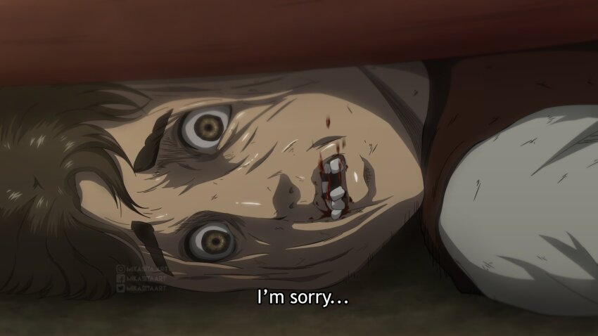 1boy brown_hair child colossal_titan comic_panel_redraw crooked_teeth crushing derivative_work english_text facebook_username highres imminent_death instagram_username lying male_focus mikasitaart official_style on_stomach open_mouth ramzi_(shingeki_no_kyojin) rumbling_(shingeki_no_kyojin) shingeki_no_kyojin short_hair stepped_on stomping teeth titan_(shingeki_no_kyojin) twitter_username vest violence