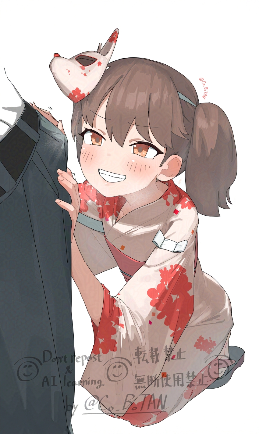 1boy 1girl :d absurdres alternate_costume belt black_pants blush brown_eyes brown_hair bulge co_botan commentary_request floral_print floral_print_kimono fox_mask from_above full_body hair_between_eyes hands_on_another&#039;s_crotch highres japanese_clothes kantai_collection kimono kneeling long_hair looking_at_viewer mask obi open_mouth pants ryuujou_(kancolle) sandals sash shirt simple_background smile solo_focus teeth translation_request twintails twitter_username watermark white_background white_kimono white_shirt yukata