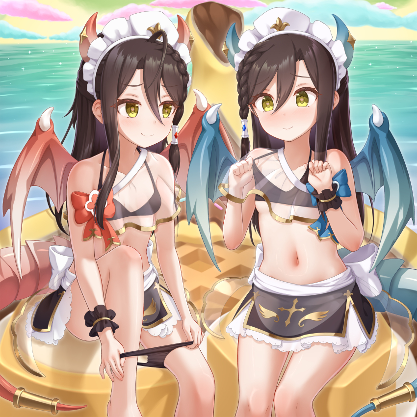 2girls absurdres ahoge arms_up bat_wings bikini bikini_bottom_pull bikini_top_lift black_bikini black_hair blue_bow bow braid breasts clothes_lift demon_horns gold_trim gplnbeat heart heart-shaped_pupils highres horns lind_(princess_connect!) long_hair looking_at_another maid_headdress multiple_girls navel ocean panties panty_pull princess_connect! red_bow sitting skirt small_breasts smile swimsuit symbol-shaped_pupils underwear veil water white_skirt wings wurm_(princess_connect!) yellow_eyes