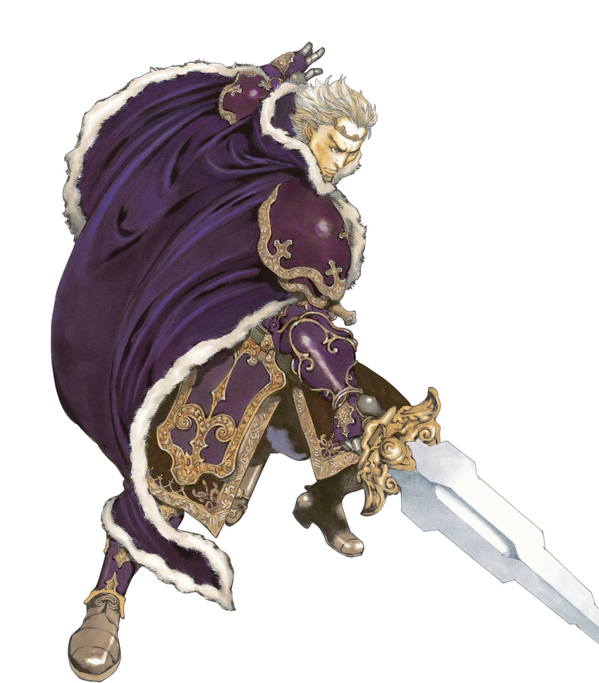 1boy armor blonde_hair cape facial_hair fire_emblem fire_emblem:_the_binding_blade fire_emblem_heroes fur_trim goatee highres holding holding_sword holding_weapon king male_focus nintendo official_art purple_armor purple_cape short_hair sword third-party_source weapon white_fur white_trim yamada_akihiro zephiel_(fire_emblem)