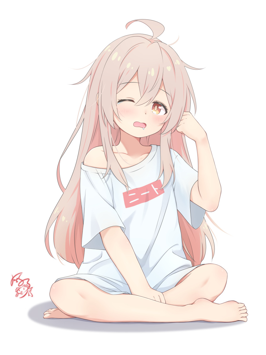 1girl absurdres ahoge blush brown_eyes collarbone commentary_request feng_ling_(fenglingwulukong) full_body grey_hair hair_between_eyes highres indian_style long_hair looking_at_viewer messy_hair naked_shirt one_eye_closed onii-chan_wa_oshimai! open_mouth oyama_mahiro shirt short_sleeves simple_background sitting solo white_background white_shirt