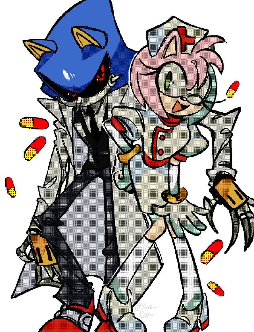 &gt;_o 1girl :d amy_rose animal_ears animal_nose black_sclera bracelet coat colored_sclera dress formal_clothes furry furry_female furry_male gloves gold_bracelet green_eyes hand_on_own_hip hat hedgehog_girl highres humanoid_robot jewelry looking_at_viewer metal_sonic nurse nurse_cap one_eye_closed open_mouth pill pink_fur pink_hair red_eyes robot simple_background smile socks sonic_(series) standing suit white_background white_coat white_dress white_footwear white_gloves white_socks xue_gin