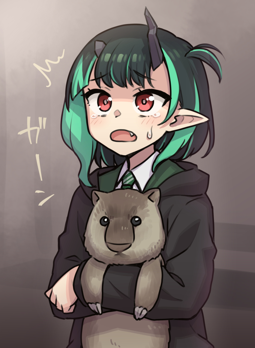 1girl nanashi_inc. ^^^ alternate_costume animal black_hair black_hoodie blue_hair blush collared_shirt commentary_request demon_girl demon_horns fang flat_chest green_necktie heebee highres holding holding_animal hood hood_down hoodie horns medium_hair multicolored_hair necktie one_side_up open_mouth pointy_ears red_eyes shirt shishio_chris solo sugar_lyric tearing_up two-tone_hair upper_body virtual_youtuber white_shirt wombat