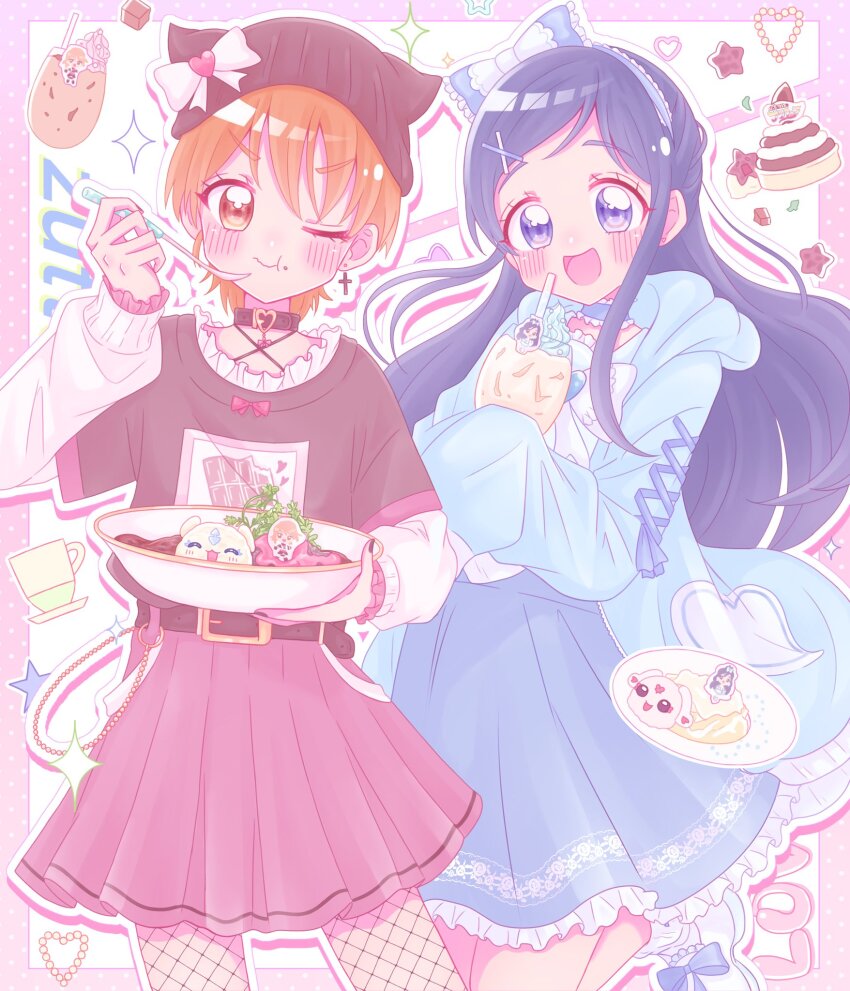 2girls :d blush bow choker commentary_request cure_black cure_white dress earrings eating eyelashes fishnet_pantyhose fishnets food futari_wa_precure hair_bow hair_ornament hairband happy highres jewelry long_hair looking_at_viewer mepple mipple misumi_nagisa multiple_girls one_eye_closed open_mouth orange_eyes orange_hair pantyhose precure purple_eyes purple_hair rua_(pc22) short_hair smile standing yukishiro_honoka