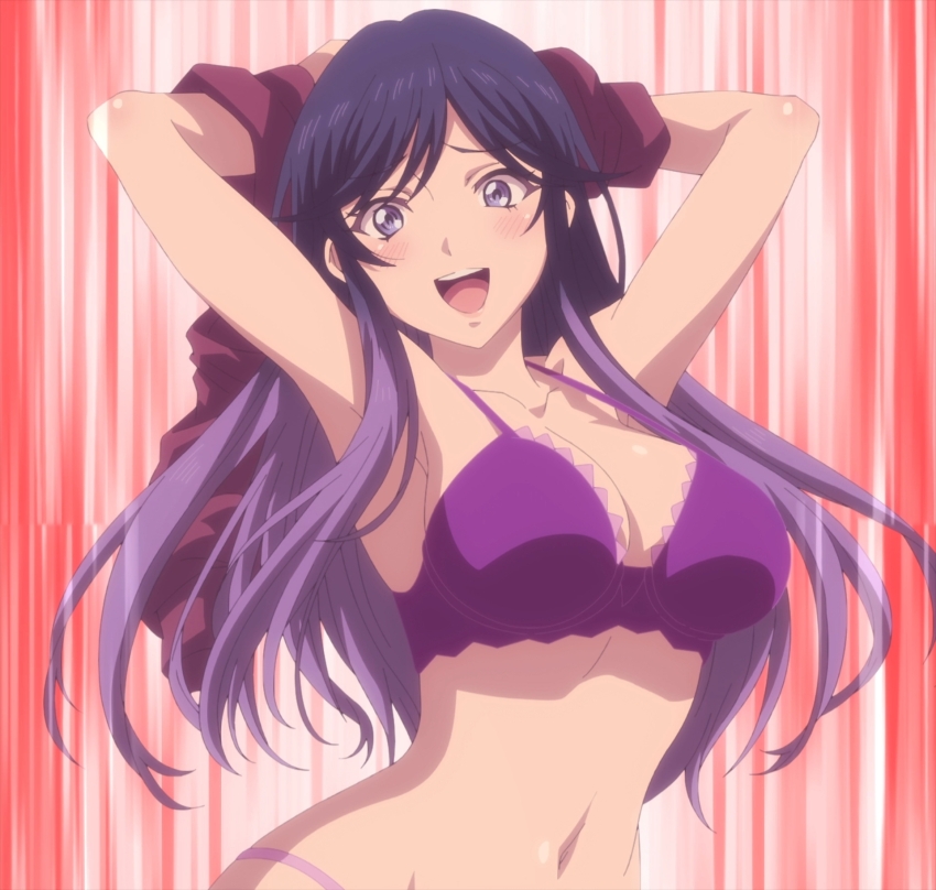 1girl bra breasts cleavage highres large_breasts long_hair looking_at_viewer megami_no_cafe_terrace navel open_mouth purple_eyes purple_hair smile solo stitched takasaki_mao third-party_edit underwear undressing