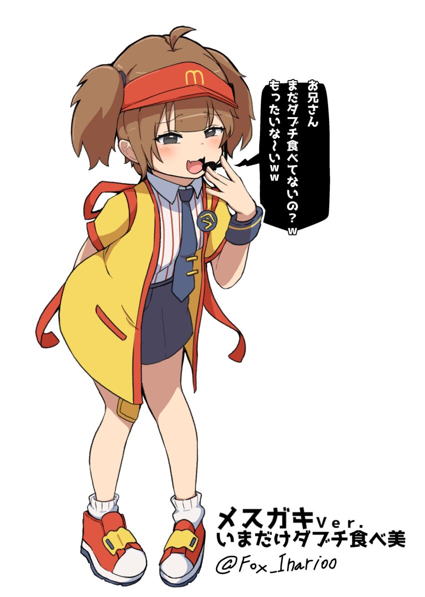 1girl ahoge back_bow badge blue_shorts blush bow breasts brown_hair button_badge commentary double_cheese_(mcdonald&#039;s) employee_uniform fast_food_uniform fox_inari00 full_body grey_eyes happi hat headset highres japanese_clothes looking_at_viewer mcdonald&#039;s necktie open_happi open_mouth pinstripe_pattern pinstripe_shirt red_bow red_hat shirt shoes short_hair short_sleeves shorts small_breasts smile socks solo speech_bubble standing striped_clothes striped_shirt tie_clip twintails twitter_username velcro_footwear visor_cap white_background white_socks yellow_happi