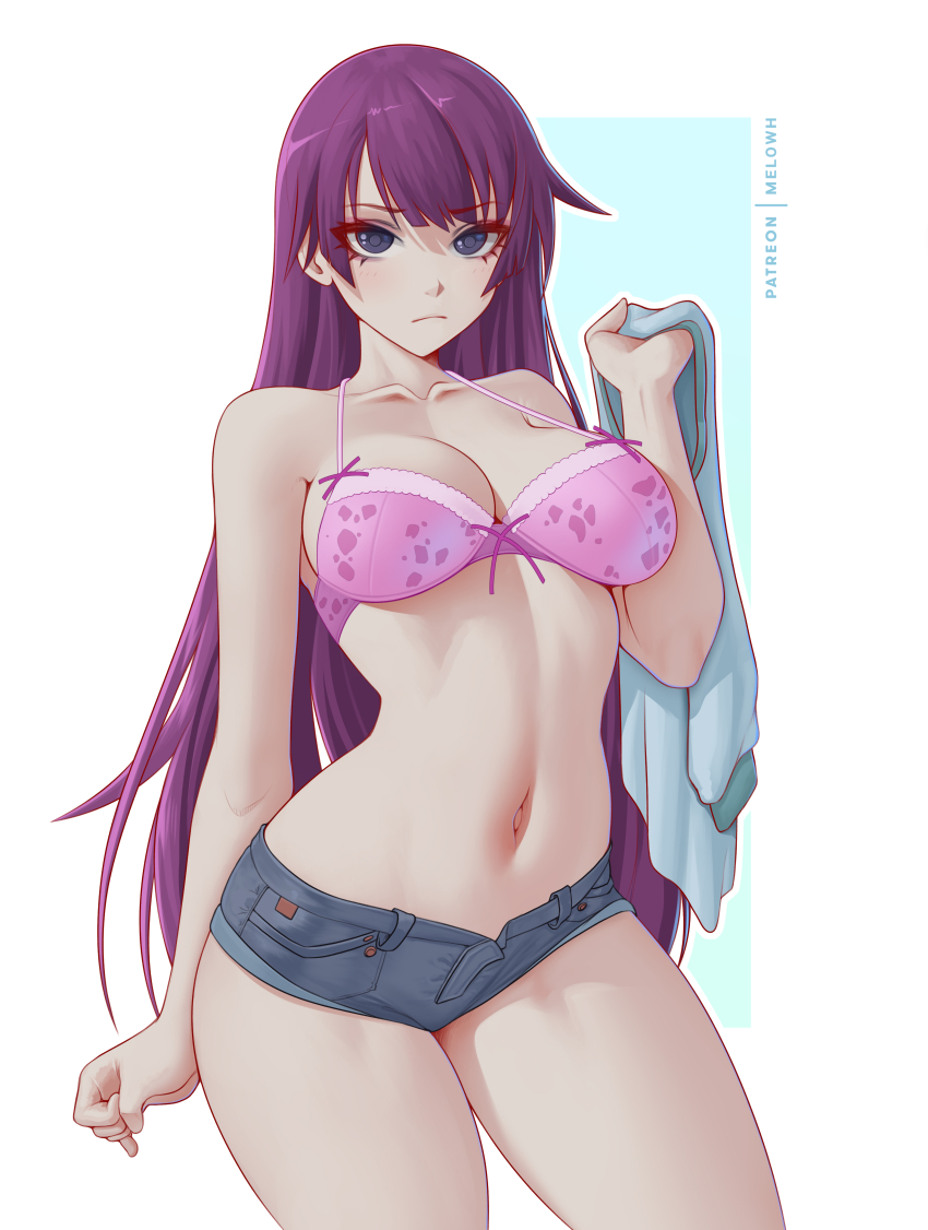 1girl absurdres black_eyes blue_background blue_shirt blue_shorts bra breasts closed_mouth collarbone commentary english_commentary highres holding holding_shirt holding_unworn_clothes large_breasts long_hair looking_at_viewer melowh monogatari_(series) navel patreon_username pink_bra purple_hair senjougahara_hitagi shirt short_shorts shorts solo standing thighs two-tone_background underwear white_background