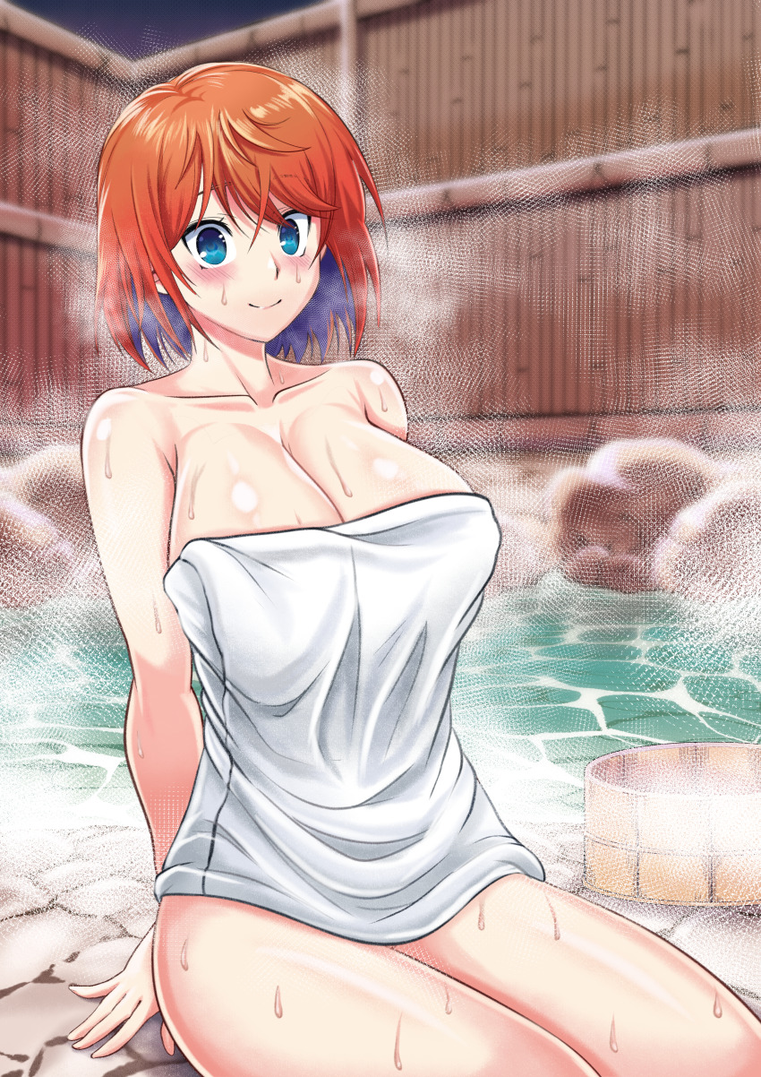 1girl absurdres bare_shoulders blue_eyes blush breasts cleavage collarbone highres large_breasts looking_at_viewer miyazaki_chisaki naked_towel night night_sky onsen orange_hair ps_waller short_hair sitting sky smile solo steam thighs towel wet yuragisou_no_yuuna-san