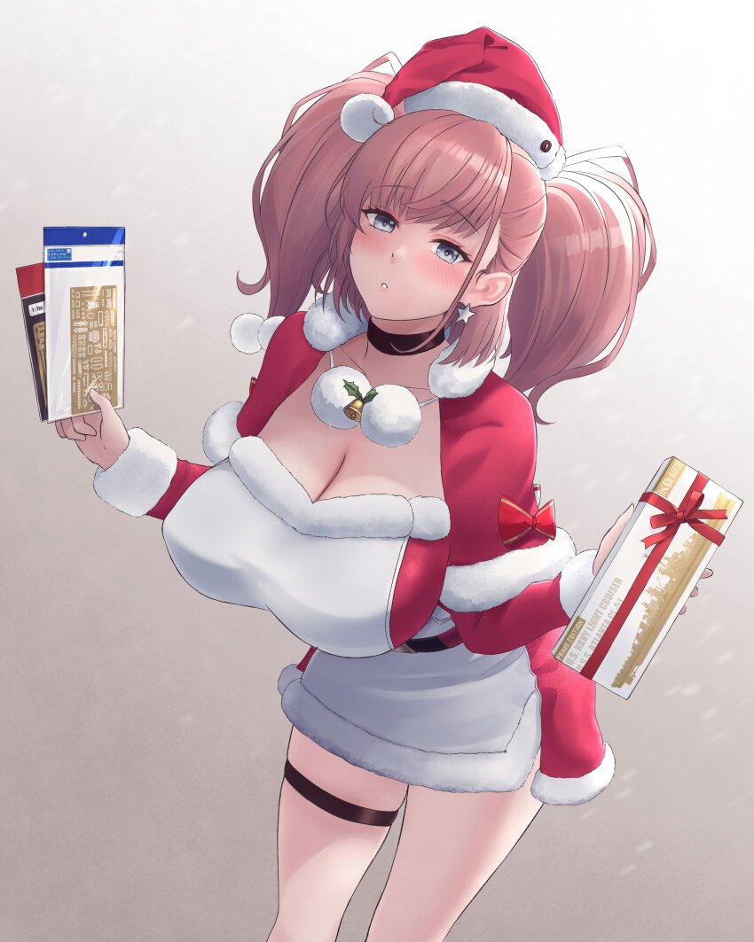 1girl absurdres atlanta_(christmas_mode)_(kancolle) atlanta_(kancolle) breasts brown_background brown_hair capelet choker cleavage cowboy_shot dress earrings fur-trimmed_capelet fur-trimmed_dress fur_trim gradient_background grey_eyes hat highres jewelry kantai_collection large_breasts long_hair looking_at_viewer model_kit odachu official_alternate_costume red_capelet red_hat santa_capelet santa_costume santa_hat single_earring solo star_(symbol) star_earrings two_side_up