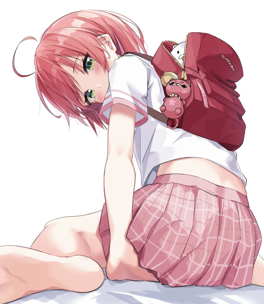 1girl 35p_(sakura_miko) ahoge backpack bag barefoot covered_mouth foot_out_of_frame from_behind green_eyes highres hololive kintoki_(sakura_miko) looking_at_viewer looking_back muyamii official_alternate_costume pink_skirt plaid_clothes plaid_skirt pleated_skirt red_bag red_hair sakura_miko sakura_miko_(school_uniform) school_uniform shirt short_hair short_sleeves simple_background sitting skirt solo virtual_youtuber wariza white_background white_shirt