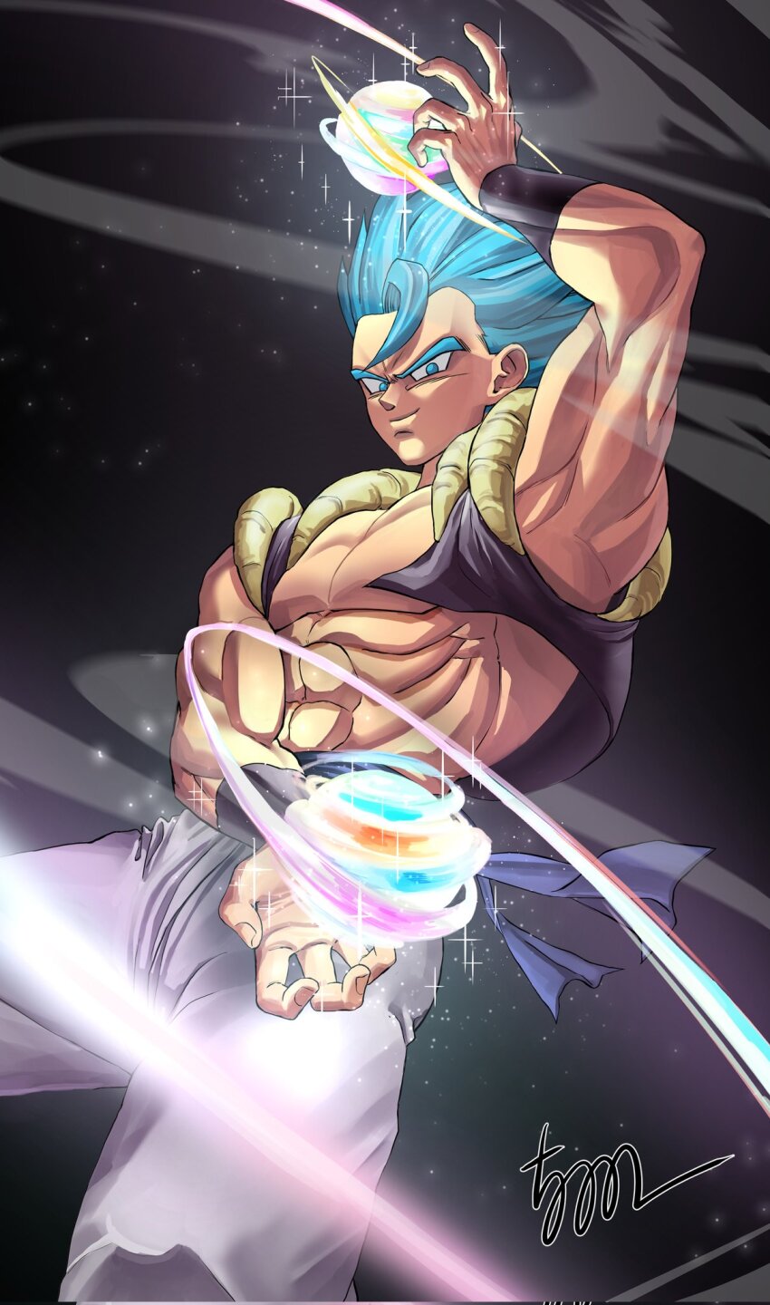 1boy 5002_bus abs arm_up black_background blue_eyes blue_hair blue_sash dragon_ball dragon_ball_super energy_ball gogeta highres looking_at_viewer male_focus metamoran_vest muscular muscular_male open_clothes open_vest pants pectorals sash signature sleeveless smile smirk solo super_saiyan super_saiyan_blue vest white_pants wind wristband