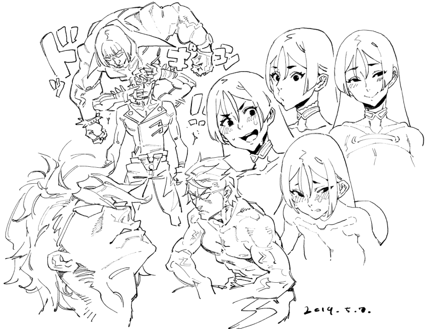 ! !! 1girl 2boys bracelet breasts character_request closed_mouth collarbone commentary_request cowboy_shot dated dated_commentary facing_to_the_side fate/grand_order fate_(series) greyscale ireading jacket jewelry jojo_pose large_breasts light_blush lineart long_bangs long_hair looking_at_viewer looking_to_the_side looking_up medium_hair minamoto_no_raikou_(fate) monochrome multiple_boys multiple_views muscular muscular_male open_mouth pants parody portrait sakata_kintoki_(fate) sidelocks simple_background smile spiked_bracelet spikes stand_(jojo) straight_hair sunglasses sweat upper_body watch white_background wristwatch