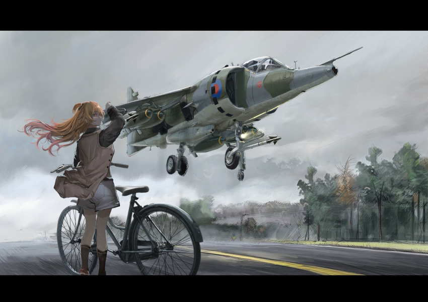 1girl 1other absurdres aim-9_sidewinder aircraft airplane arm_up bicycle bomb chinese_commentary commentary_request explosive fence fighter_jet floating_hair hawker_harrier highres jet jet_wash landing_gear letterboxed long_hair military military_vehicle orange_hair original pilot red_eyes royal_navy shorts solo_focus tree vtol white_shorts wind yukikaze_supersylph